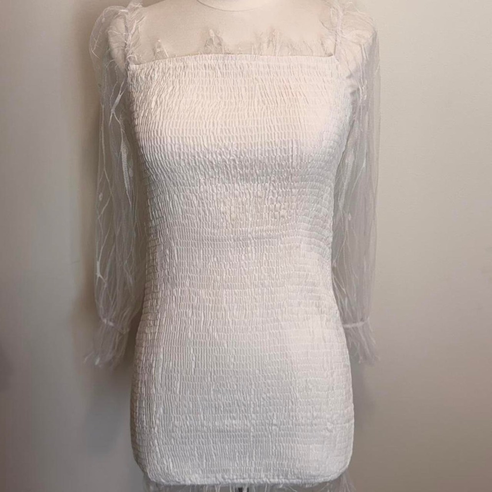 White Textured Mini Dress – Sheer‎ Sleeve 🤍